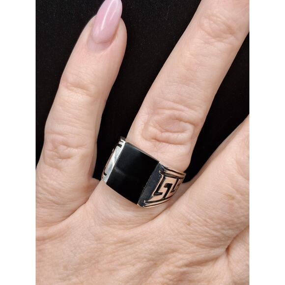 Men's Black Onyx Ring, Size 8.5, 925 Silver, Signet, Bold Modern Greek Style - Picture 4 of 10
